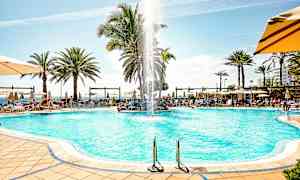 Uima-allasalue, jossa aurinkotuoleja, aurinkovarjoja ja palmuja. (Tekoälyn luoma teksti)