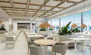 Ravintola, jossa on nykyaikainen sisustus ja suuret ikkunat merelle. (Tekoälyn luoma teksti)