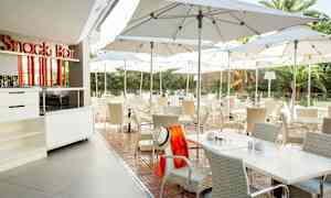 Ulkona oleva tarjoilualue, jossa pöytiä ja tuoleja varjojen alla. (Tekoälyn luoma teksti)