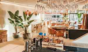 Moderni kahvila, jossa on lasit, suuria vihreitä kasveja ja rottinkituolit. (Tekoälyn luoma teksti)