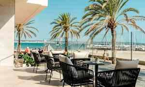 Ulkoterassi, jossa istuimia ja pöytiä merinäköalalla, taustalla palmuja. (Tekoälyn luoma teksti)