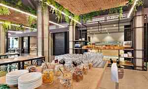 Buffet, jossa on lasipurkkeja eri viljoilla ja tarjoiluastioita modernissa ravintolaympäristössä. (Tekoälyn luoma teksti)