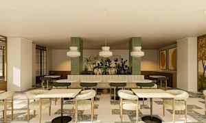 Sisätila, jossa istuinryhmä, pöytiä, tuoleja ja koristekasveja. (Tekoälyn luoma teksti)