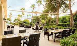 Kuva tilavasta ulkoterassista, jossa on pöytiä ja tuoleja, ympäröitynä vehreydellä ja palmuilla. (Tekoälyn luoma teksti)