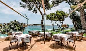 Ulkoterassi pöytineen ja tuoleineen, ympärillä puita ja näkymä merelle. (Tekoälyn luoma teksti)