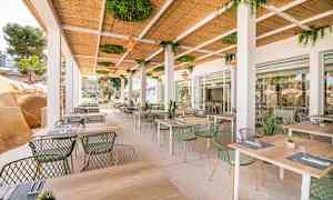 Ulkoilmaravintola, jossa pöytiä ja tuoleja katoksen alla vihreiden kasvien kera. (Tekoälyn luoma teksti)