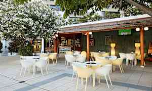 Ulkoilmaravintola, jossa on modernit tuolit ja pöydät katon alla. Suuri kukkiva pensas on vieressä. (Tekoälyn luoma teksti)