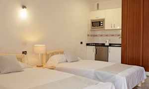 Kaksi yhden hengen vuodetta huoneessa, jossa on keittiötila. (Tekoälyn luoma teksti)