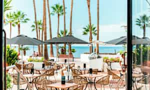 Ravintolaympäristö ulkoterassilla, huonekaluja ja palmuja merinäkymällä. (Tekoälyn luoma teksti)