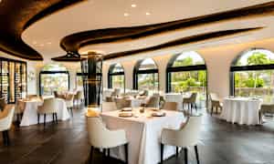 Ravintola, jossa valoisa sisustus, suuret ikkunat ja katetut pöydät. (Tekoälyn luoma teksti)