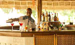 Baarimikko kaataa juomia cocktail-laseihin baaritiskillä. (Tekoälyn luoma teksti)