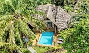 Bungalow, jossa on olkikatto, vehreän ympäristön ympäröimänä ja allas rakennuksen edessä. (Tekoälyn luoma teksti)