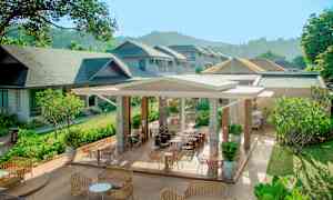 Ulkoruokailualue korihuonekaluilla ja vehreillä ympäristöillä. (Tekoälyn luoma teksti)