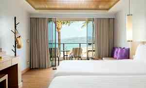 Hotellihuone, jossa kaksi sänkyä, työpöytä ja parveke, josta näköala rannalle. (Tekoälyn luoma teksti)