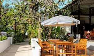 Puutarhakalusteet raidallisen aurinkovarjon alla vehreässä ympäristössä. (Tekoälyn luoma teksti)