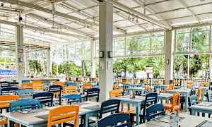 Ravintola värikkäillä tuoleilla ja näkymä vehreään ympäristöön. (Tekoälyn luoma teksti)