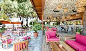 Ulkoterassi, jossa puupöydät ja -tuolit, vaaleanpunaiset tyynyt, ympäröitynä puilla ja aurinkovarjoilla. (Tekoälyn luoma teksti)