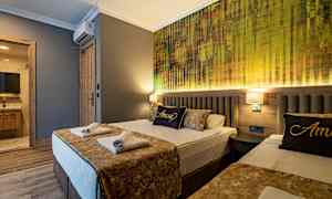 Hotellihuone, jossa on kaksi vuodetta, ilmavasti sisustettu kultaisilla yksityiskohdilla ja moderneilla tekstiileillä varustettu seinä sänkyjen takana. (Tekoälyn luoma teksti)