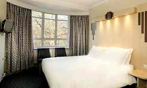 Hotellihuone, jossa on suuri sänky, kaksi tuolia ja ikkuna, josta näkyy puita. (Tekoälyn luoma teksti)