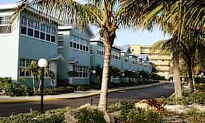 Rivi sinisiä rakennuksia valkoisin ikkunoin, ympäröitynä palmuilla ja kivipuutarhalla. (Tekoälyn luoma teksti)