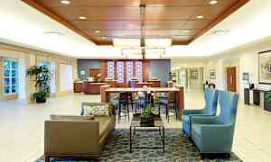 Hotellin aula istuinalueineen, pöytineen, kasveineen ja vastaanottotiskeineen. (Tekoälyn luoma teksti)