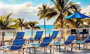 Aurinkokansi, jossa sinisiä aurinkotuoleja ja-varjoja, edessä ranta ja palmuja. (Tekoälyn luoma teksti)