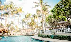 Ulkouima-allas, jota ympäröivät palmut ja aurinkovarjot, sininen taivas yllä. (Tekoälyn luoma teksti)