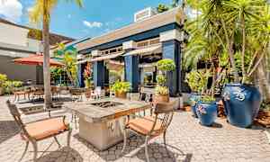 Aurinkoinen terassi, jossa pöytiä ja tuoleja, tulisija ja koristeellisia sinisiä ruukkuja palmujen ympäröimänä. (Tekoälyn luoma teksti)