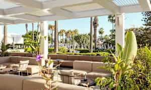 Oleskelutila, jossa on beige sohvaryhmä, ympäröitynä vehreydellä ja palmuilla. (Tekoälyn luoma teksti)