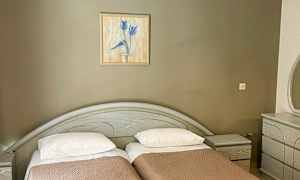 Kaksi erillistä sänkyä ruskeilla päiväpeitteillä, seinällä yläpuolella maalaus ja oikealla lipasto. (Tekoälyn luoma teksti)