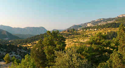 Maisema, jossa vuoria ja puita etualalla. (Tekoälyn luoma teksti)