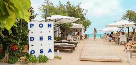 Ravintola rannalla, jossa on pöytiä ja aurinkovarjoja. Puiset kulkuväylät johtavat kohti vettä. (Tekoälyn luoma teksti)