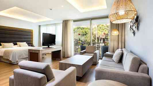 Hotellihuone, sisustettu sohvalla, nojatuoleilla, sängyllä ja televisiolla, näkymä vehreään puutarhaan. (Tekoälyn luoma teksti)