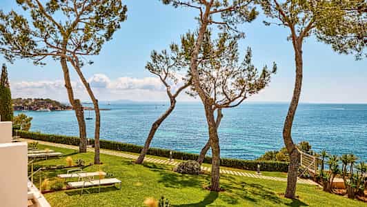 Näköala merelle puiden, nurmikon ja aurinkotuolien kanssa etualalla. (Tekoälyn luoma teksti)