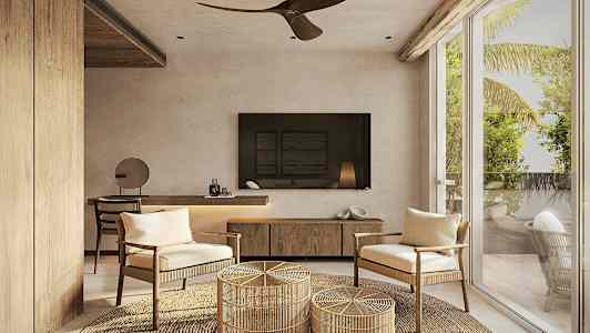 Moderni huone, jossa isot ikkunat, kaksi tuolia ja rottinkimatto. (Tekoälyn luoma teksti)