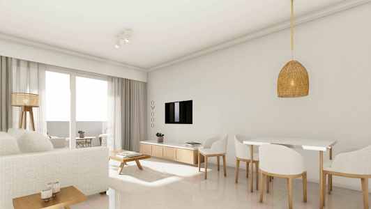 Valoisa olohuone, jossa sohva, ruokapöytä ja televisio. (Tekoälyn luoma teksti)