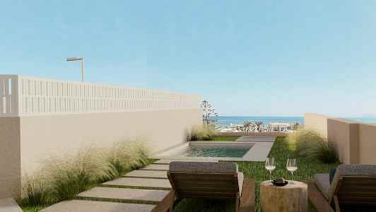 Kaksi aurinkotuolia pienen uima-altaan äärellä, näkymä merelle. (Tekoälyn luoma teksti)