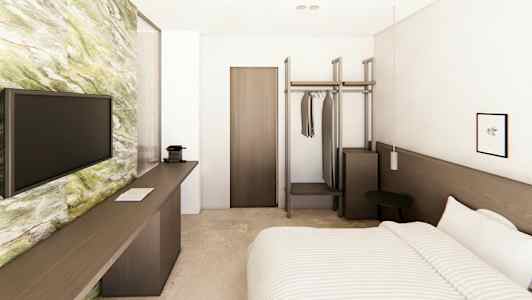 Hyvin varustettu hotellihuone, jossa on sänky, televisio, kirjoituspöytä ja vaatekaappi. (Tekoälyn luoma teksti)