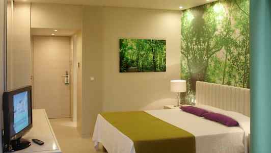 Hotellihuone, jossa on sänky, vihreä ja valkoinen sisustus, televisio ja seinäkoriste, joka esittää metsää. (Tekoälyn luoma teksti)