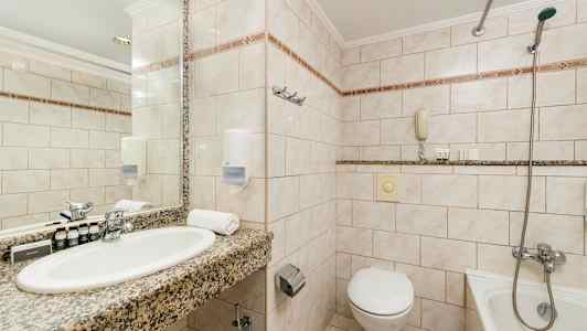 Kuva kylpyhuoneesta, jossa on pesuallas, peili, wc ja kylpyamme. (Tekoälyn luoma teksti)