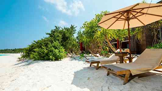 Aurinkotuoleja hiekkarannalla, jossa on varjo ja kasvillisuutta. (Tekoälyn luoma teksti)