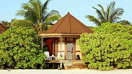 Rantamökki, jota ympäröivät vehreät kasvit ja palmut. (Tekoälyn luoma teksti)