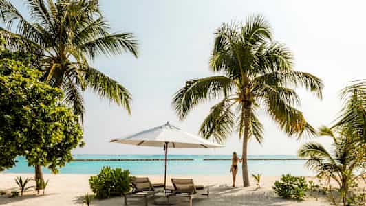 Ranta, jossa on aurinkotuoleja, varjo, palmupuita ja turkoosi meri. (Tekoälyn luoma teksti)