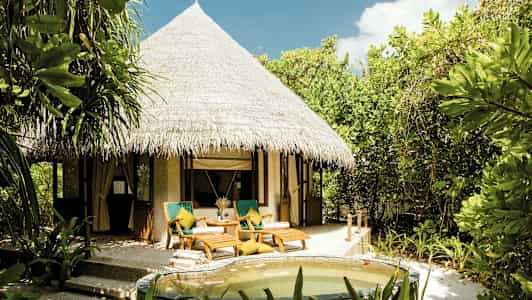 Kuva bungalowista, jossa on olkikatto, vehreän kasvillisuuden ympäröimänä ja pieni uima-allas etualalla. (Tekoälyn luoma teksti)