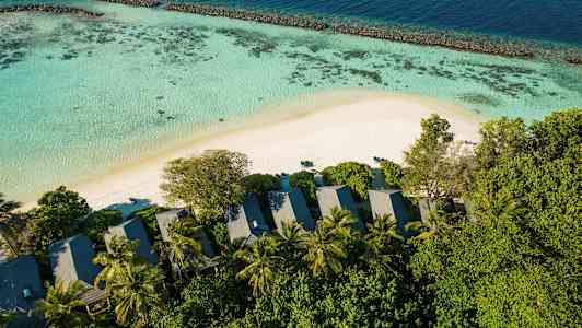 Kaunis näkymä rannalla, merellä, koralliriutalla ja puiden ympäröimillä bungaloweilla. (Tekoälyn luoma teksti)