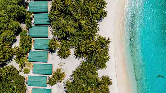 Ilmakuva vehreistä puista, rakennuksista vihreine kattoineen ja rannasta turkoosinsinisen meren äärellä. (Tekoälyn luoma teksti)