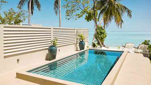 Uima-allas meren rannalla, jota ympäröivät palmut ja aurinkotuolit. (Tekoälyn luoma teksti)