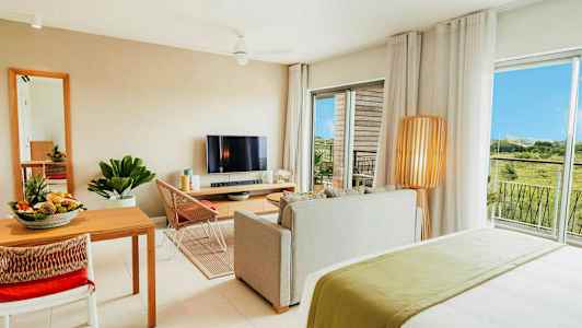 Nykyaikaisesti sisustettu huoneisto, jossa olohuone, ruokailutila, televisio ja näkymä vehreään ympäristöön. (Tekoälyn luoma teksti)