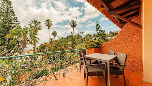 Teroilla on pöytä ja tuolit, ympärillä vehreyttä ja palmuja. (Tekoälyn luoma teksti)