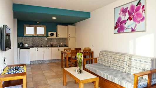 Avoin huonejärjestely, jossa keittiö ja olohuone, kalustettuna puupöydällä ja sohvalla. (Tekoälyn luoma teksti)